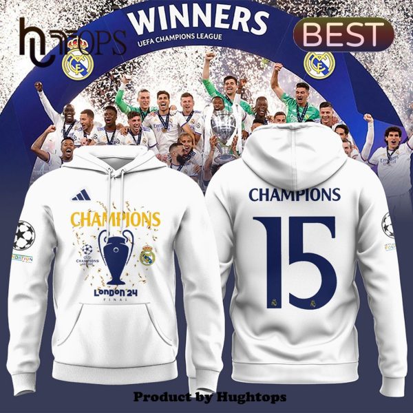 Real Madrid 15 Champions League White Hoodie, Cap