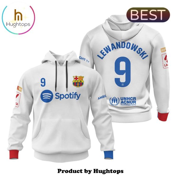 Lewandowski Barcelona 2024 Football Team White Hoodie